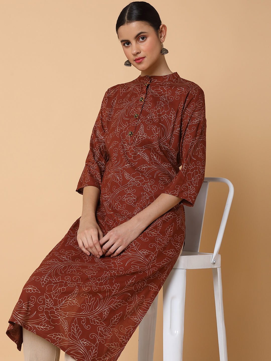 Women's Floral Brown Straight Kurta