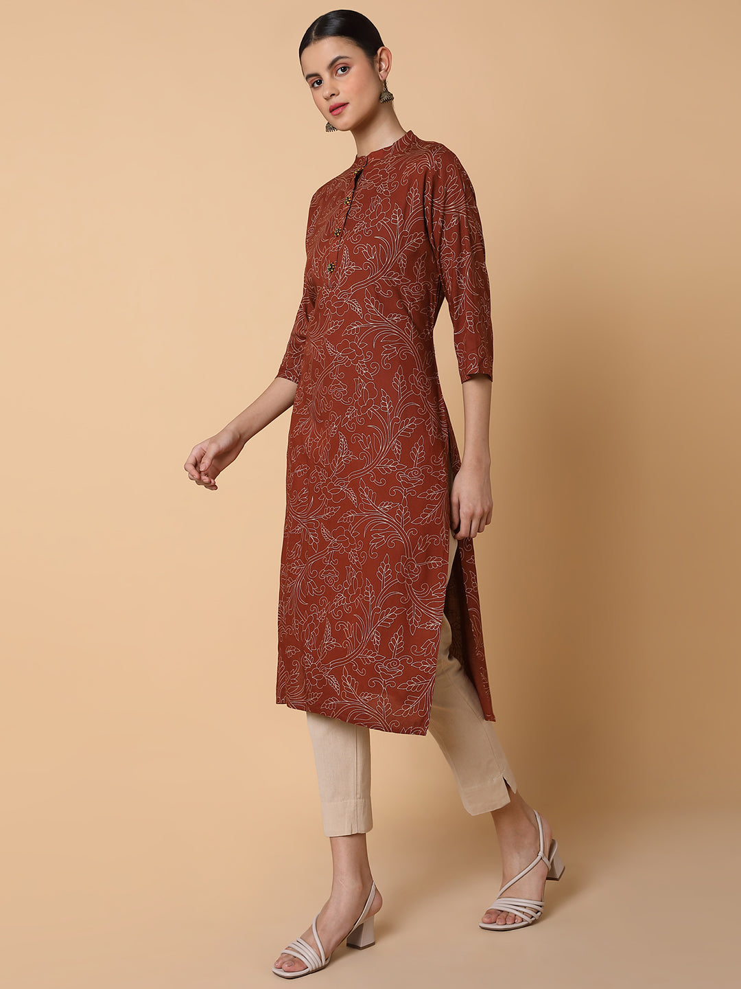 Women's Floral Brown Straight Kurta