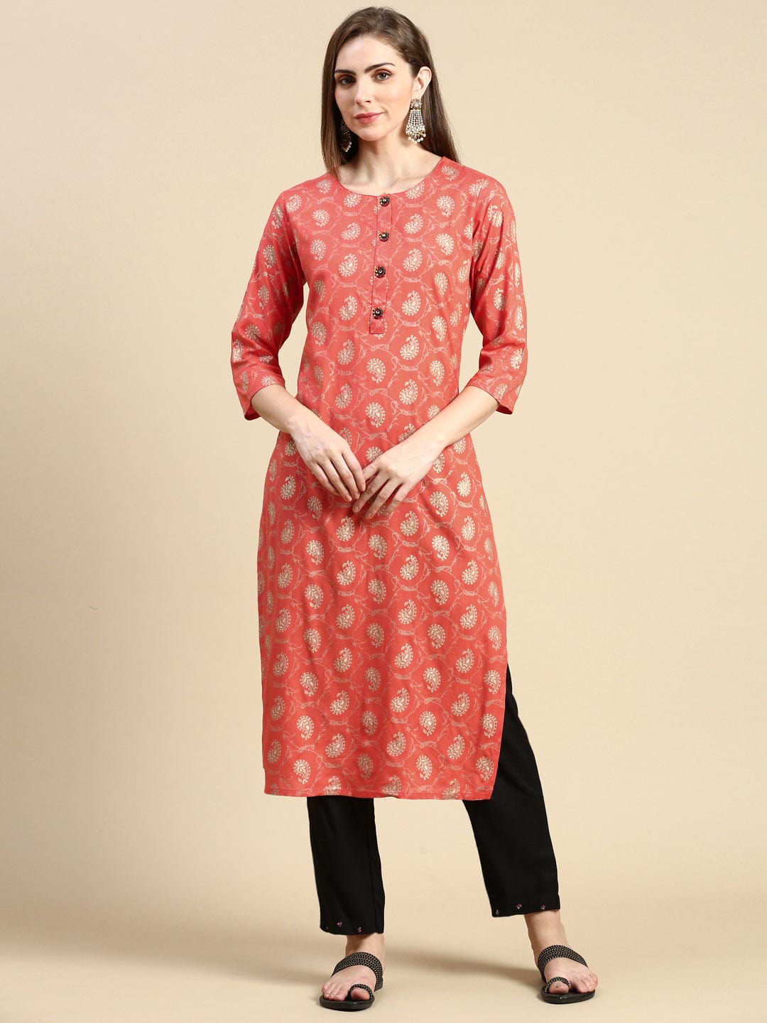 Women's Paisley Orange Straight Kurta