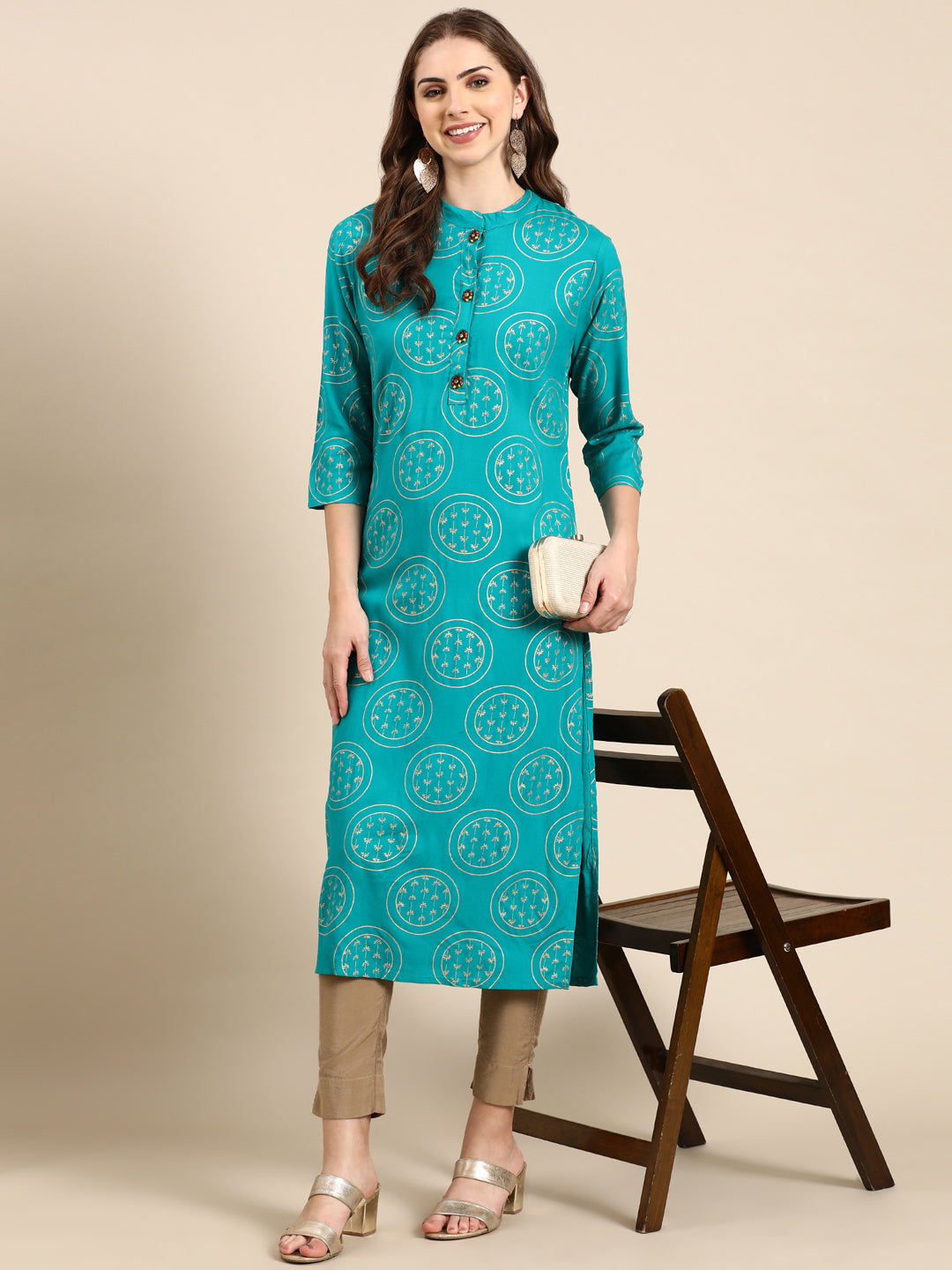 Women's Turquoise Blue Ethnic Motifs Printed Straight Kurta