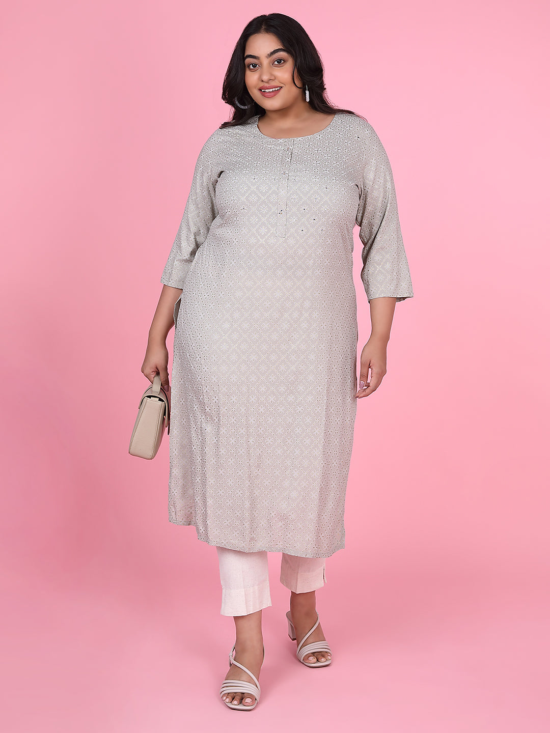 Women's Grey Floral Straight Kurta