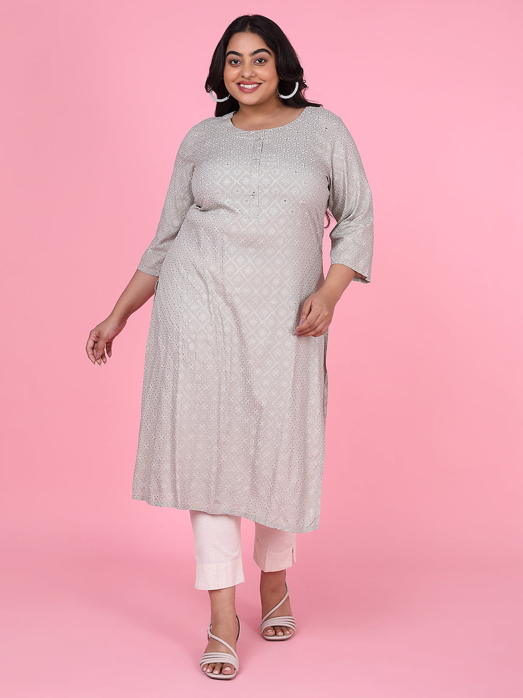Women's Grey Floral Straight Kurta