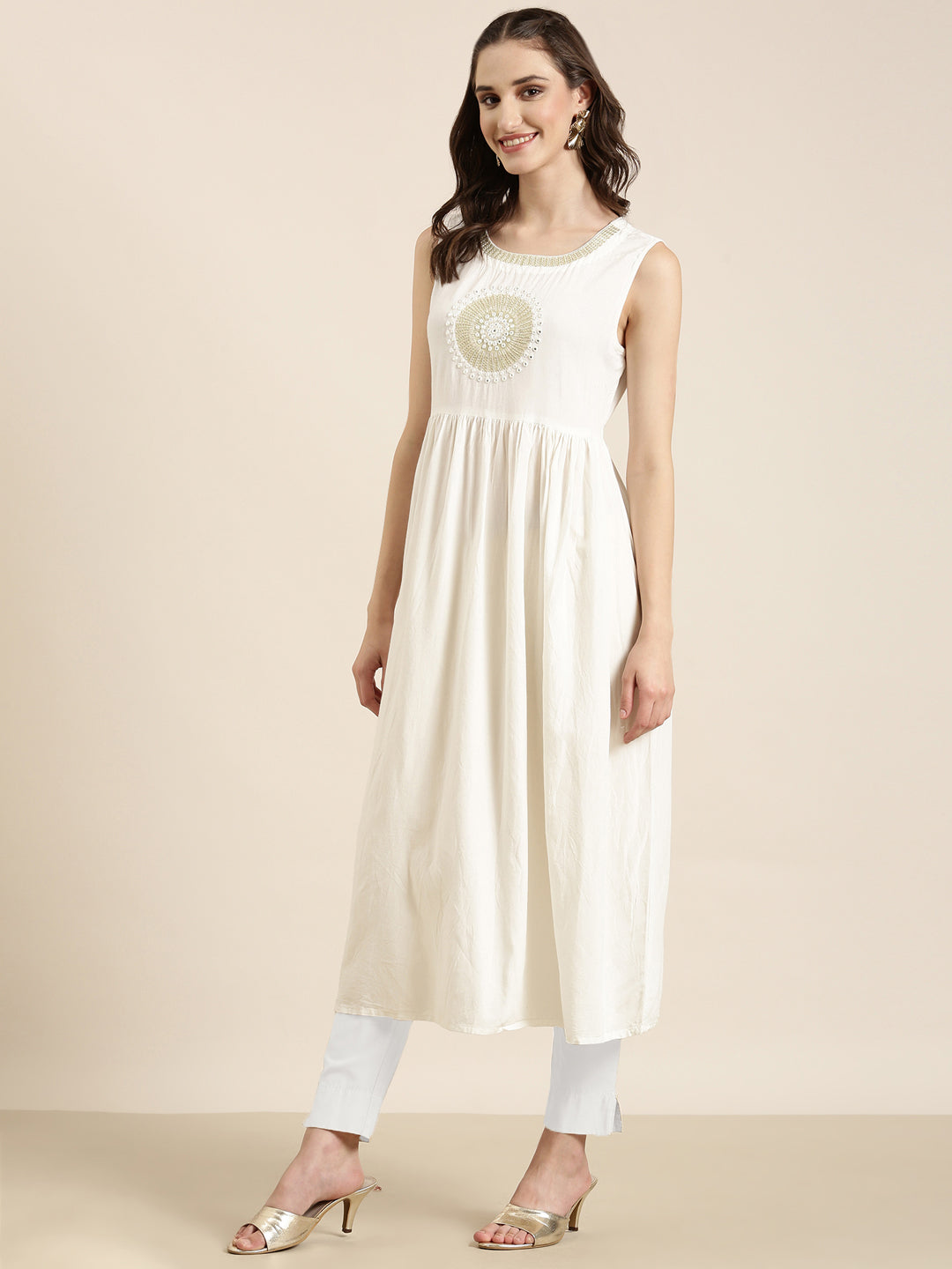 Women's Off White Embroidered Mirror Work Anarkali Kurta with Shrug
