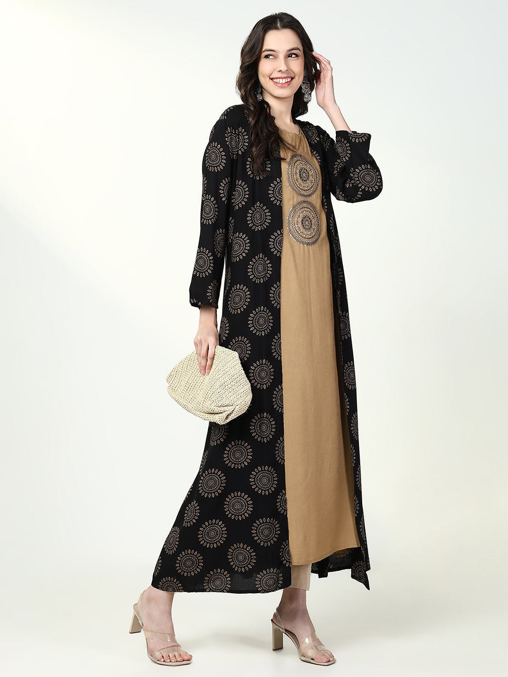 Women's Beige Solid A Line Kurta with Coat