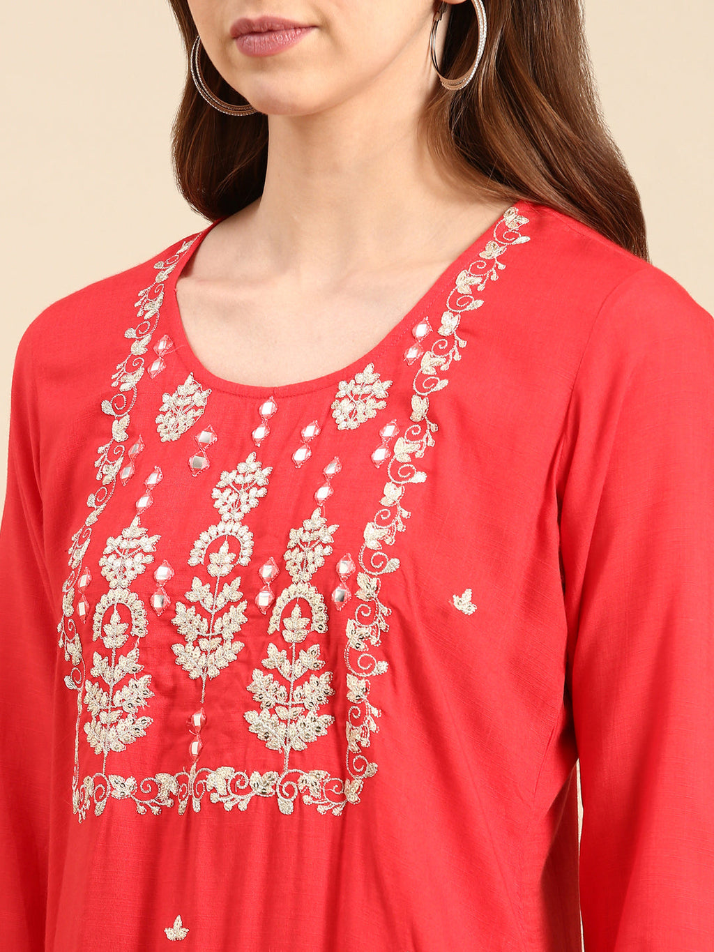 Women's Coral Embroidered Straight Cotton Straight Kurta