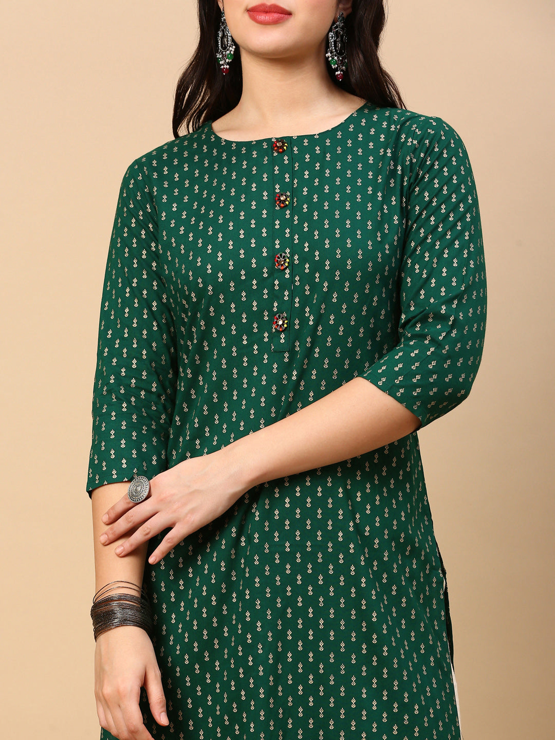 Women's Straight Green Ethnic Motifs Kurta