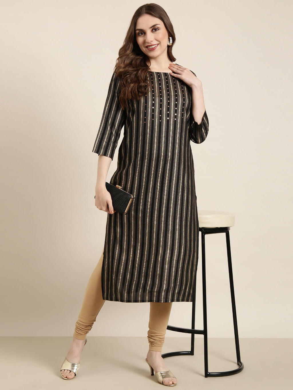 Women's Straight Black Striped Kurta