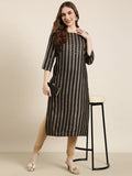 Women's Straight Black Striped Kurta