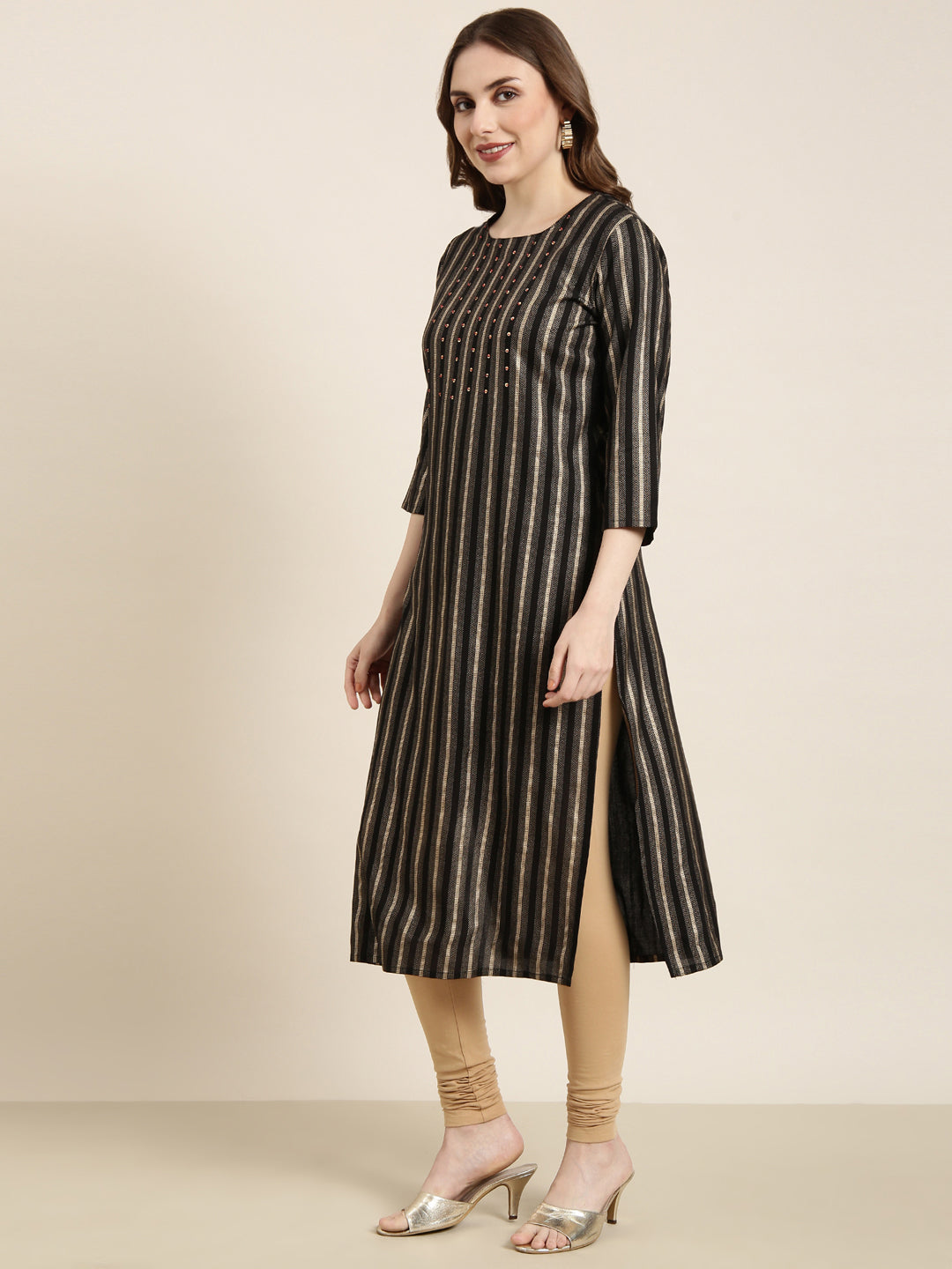 Women's Straight Black Striped Kurta