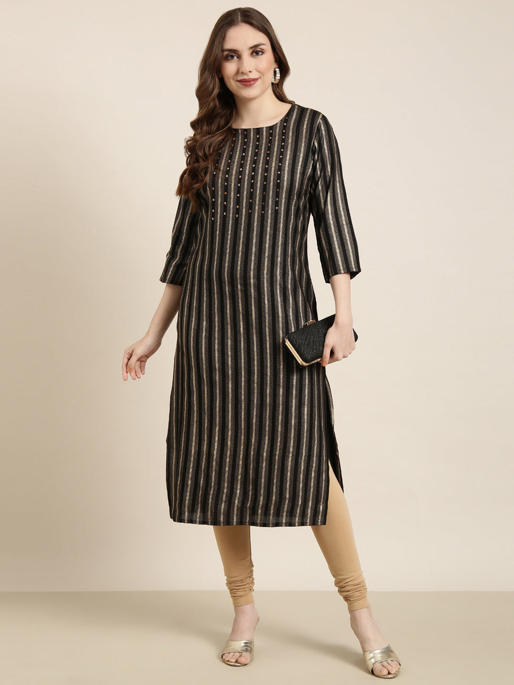 Women's Straight Black Striped Kurta
