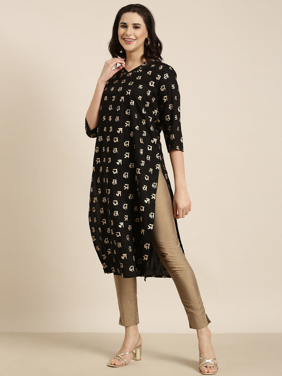 Women's Straight Black Ethnic Motifs Kurta