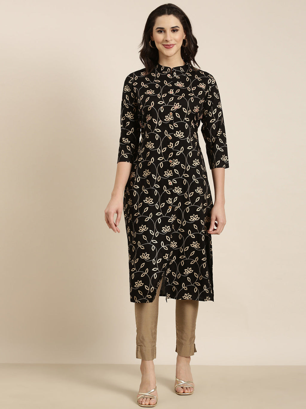Women's Straight Black Floral Kurta