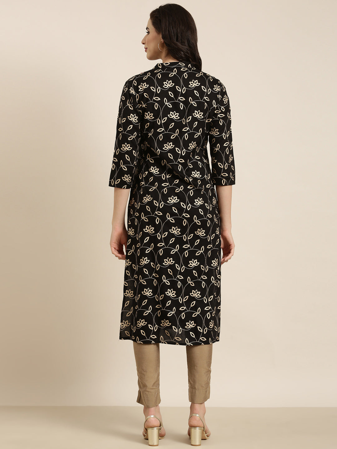 Women's Straight Black Floral Kurta