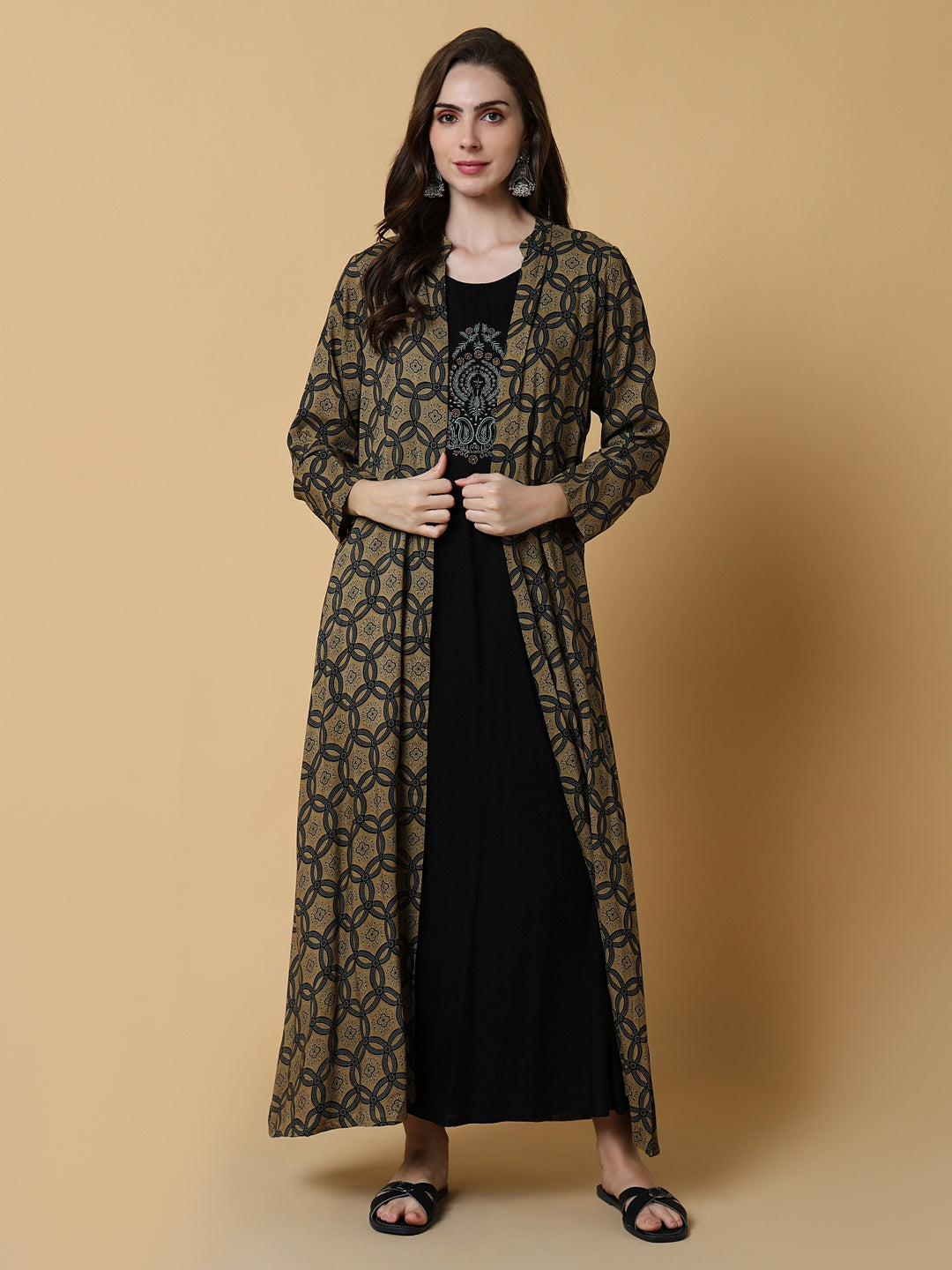 Women's Graphic Black A-Line Kurta with Shrug
