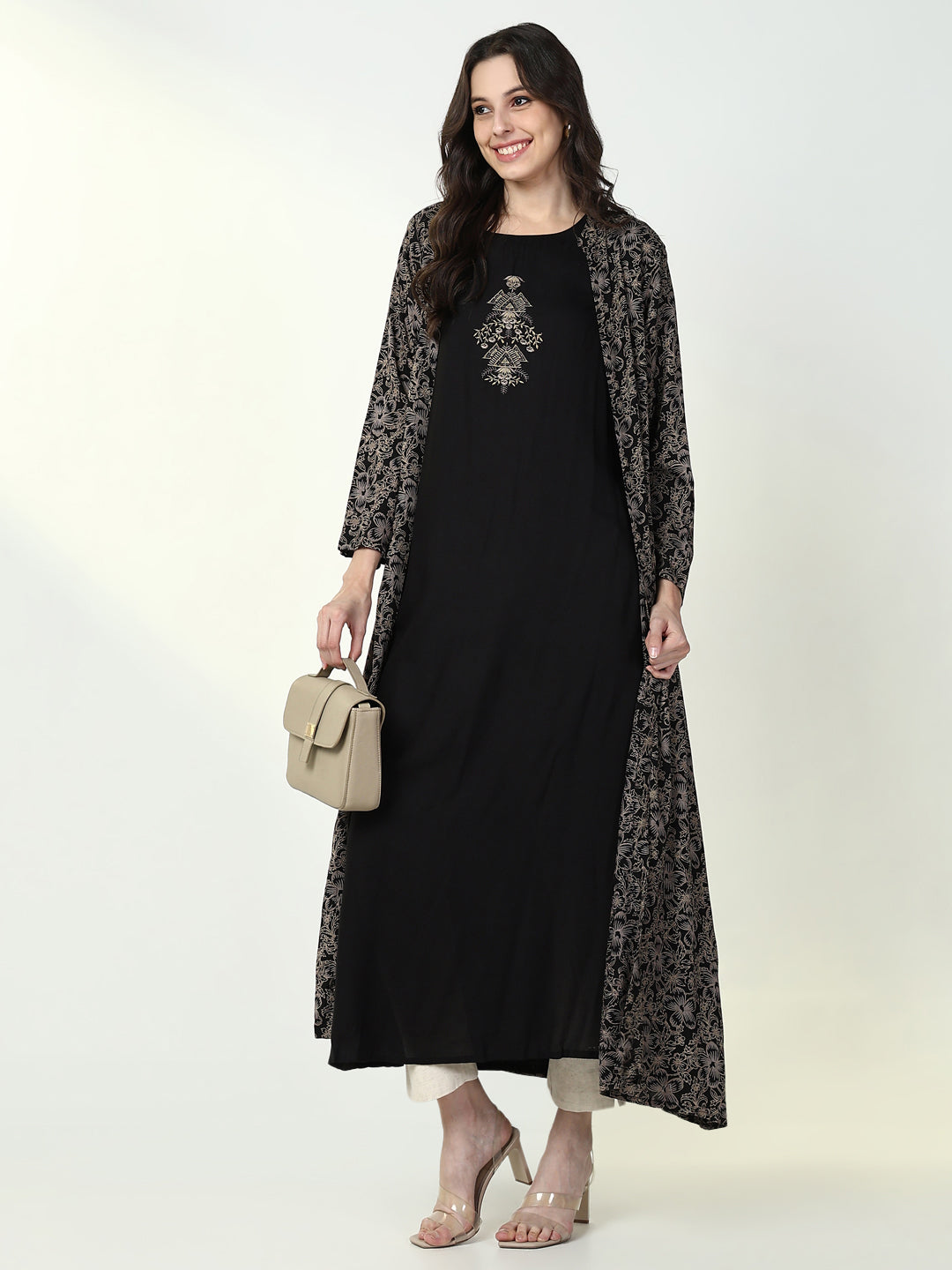 Women's Solid Black A-Line Kurta with Coat