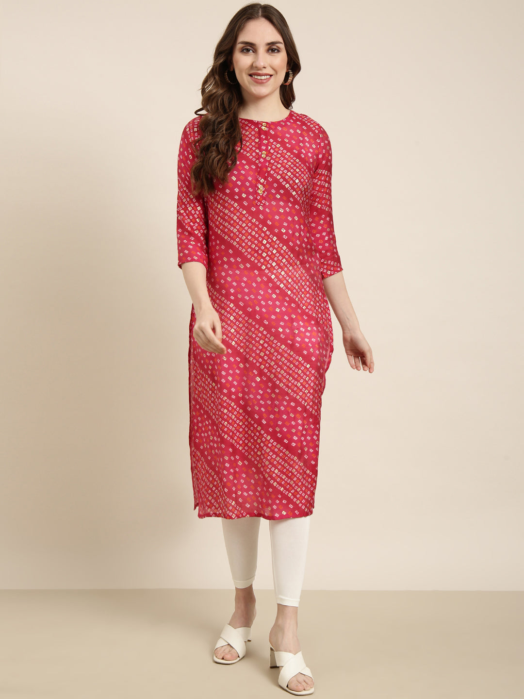 Women's Straight Pink Bandhani Kurta