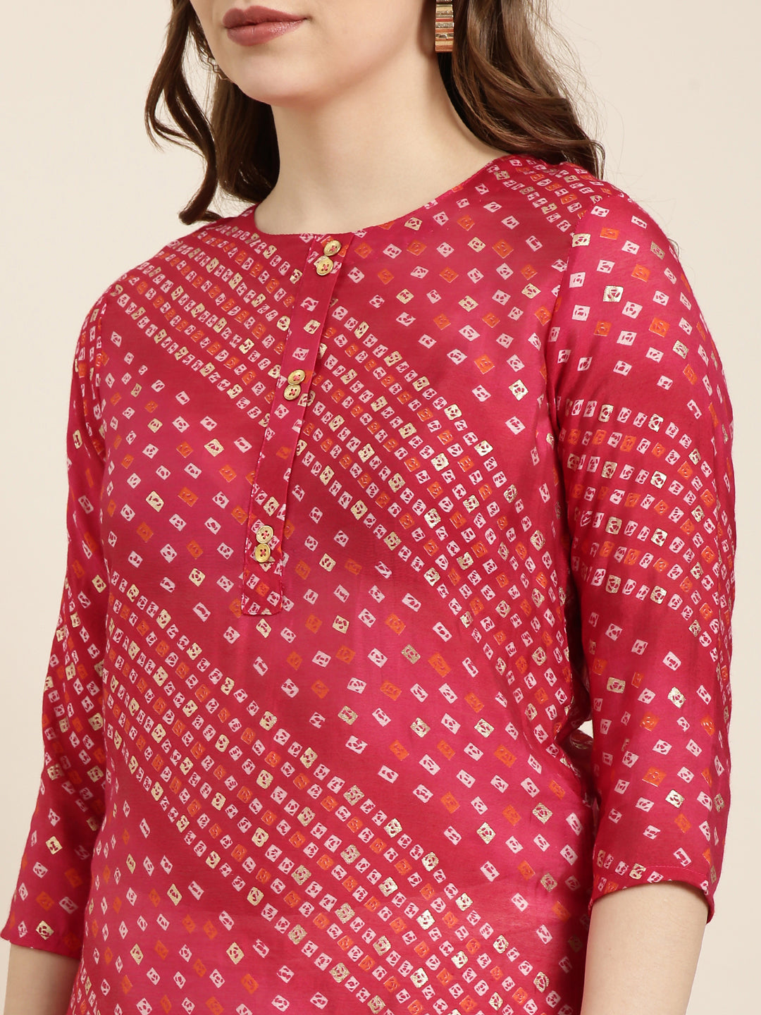 Women's Straight Pink Bandhani Kurta