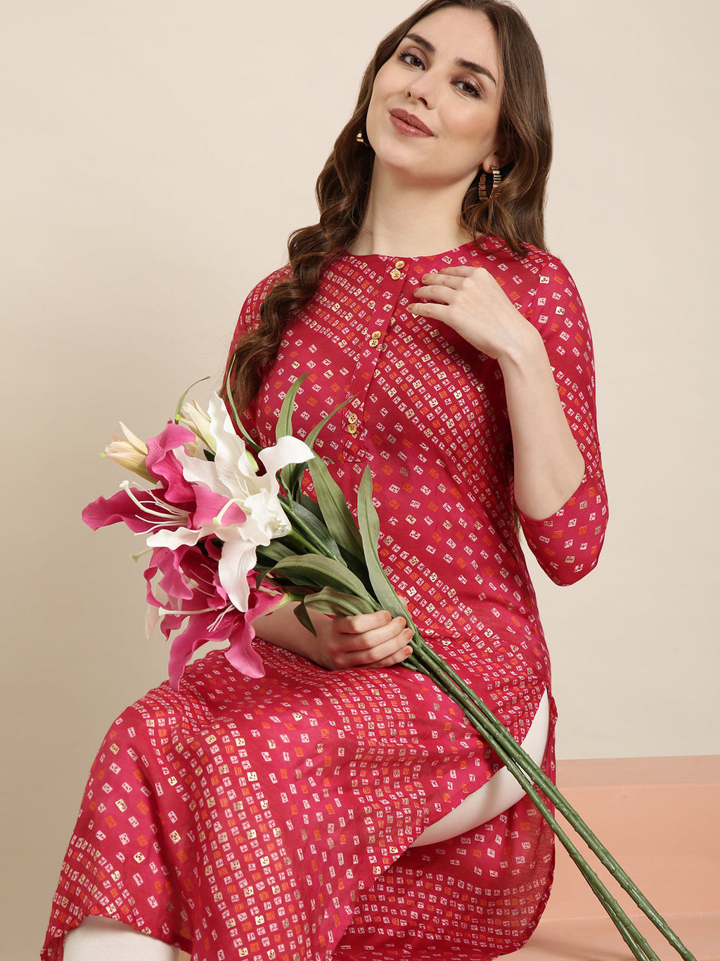 Women's Straight Pink Bandhani Kurta