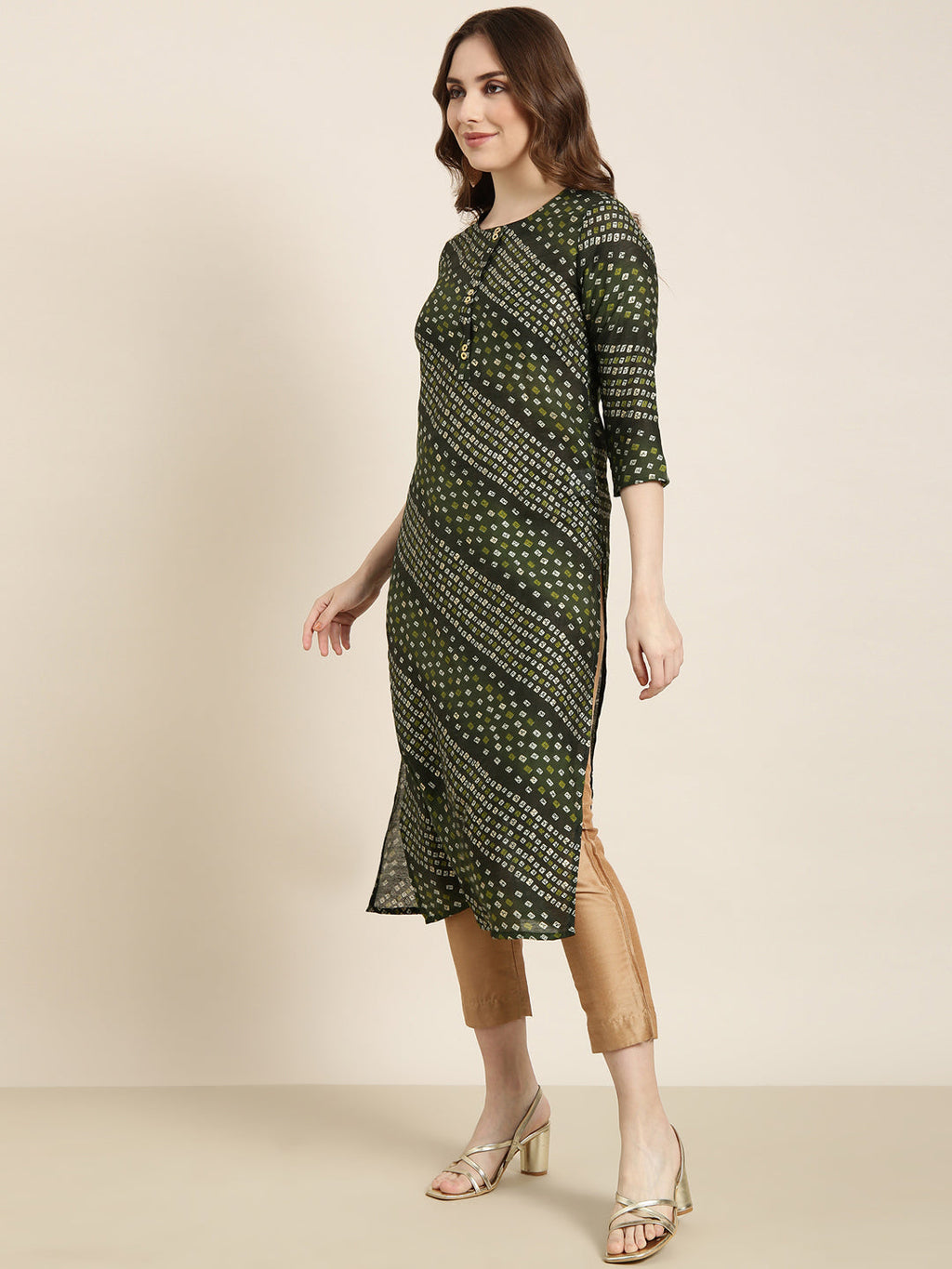 Women's Straight Green Bandhani Kurta
