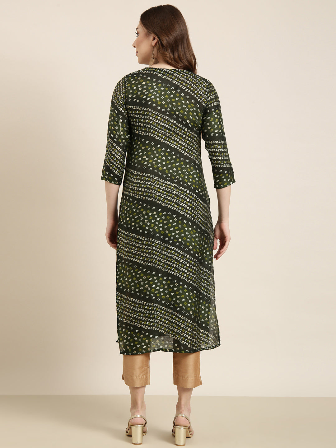 Women's Straight Green Bandhani Kurta