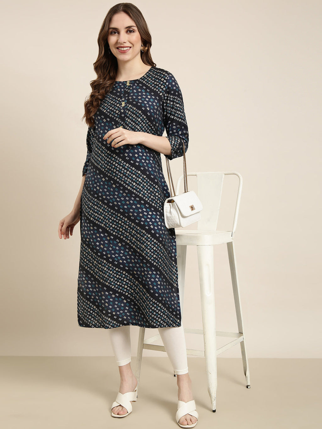 Women's Straight Navy Blue Bandhani Kurta