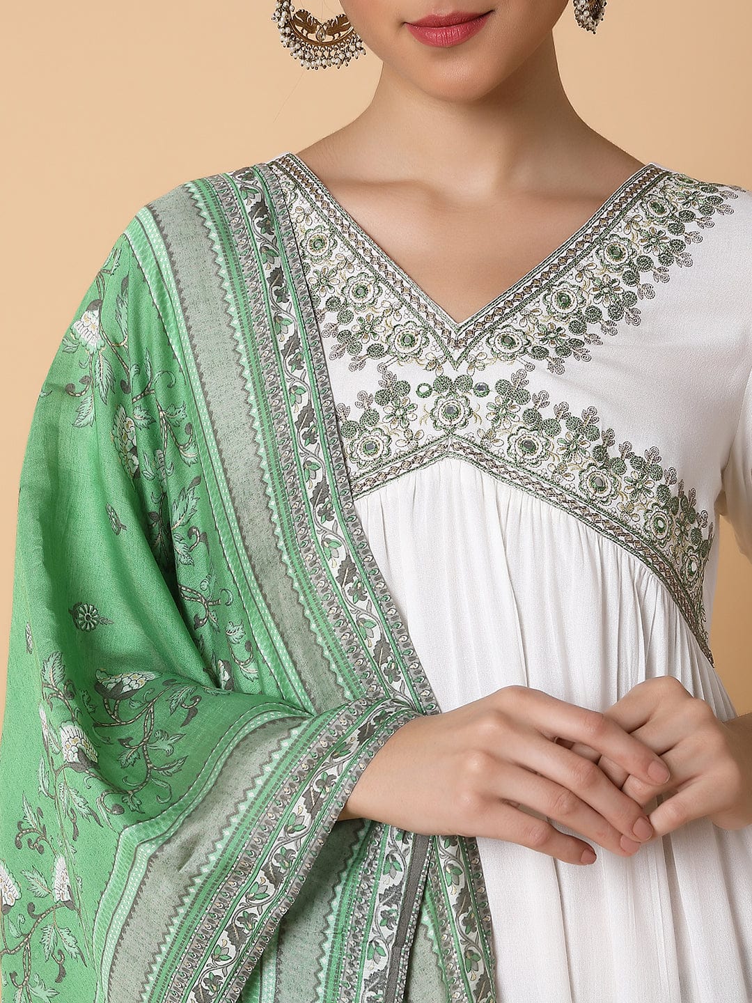 Women's Solid Off White A Line Kurta with Dupatta