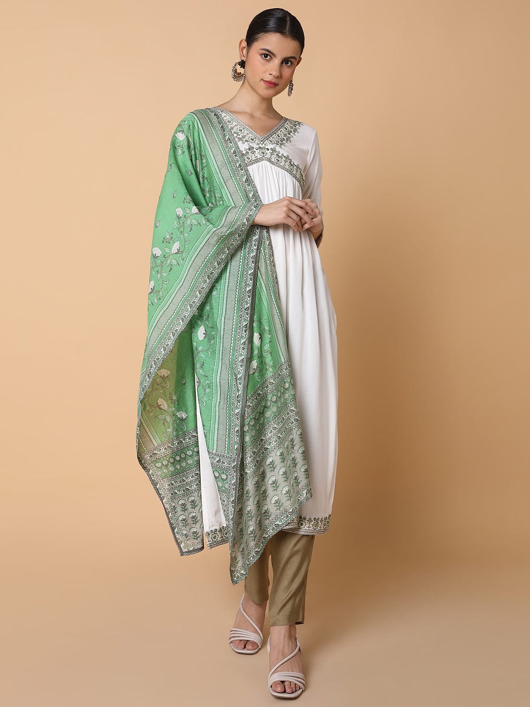 Women's Solid Off White A Line Kurta with Dupatta