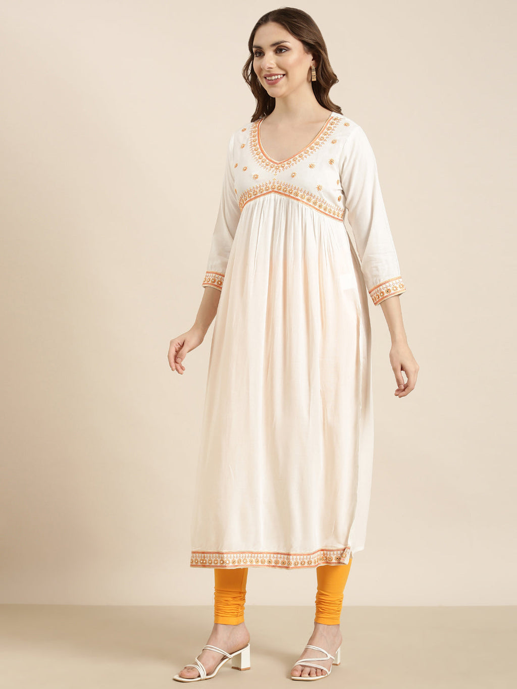 Women's Straight Off White Solid Kurta Sets with Dupatta