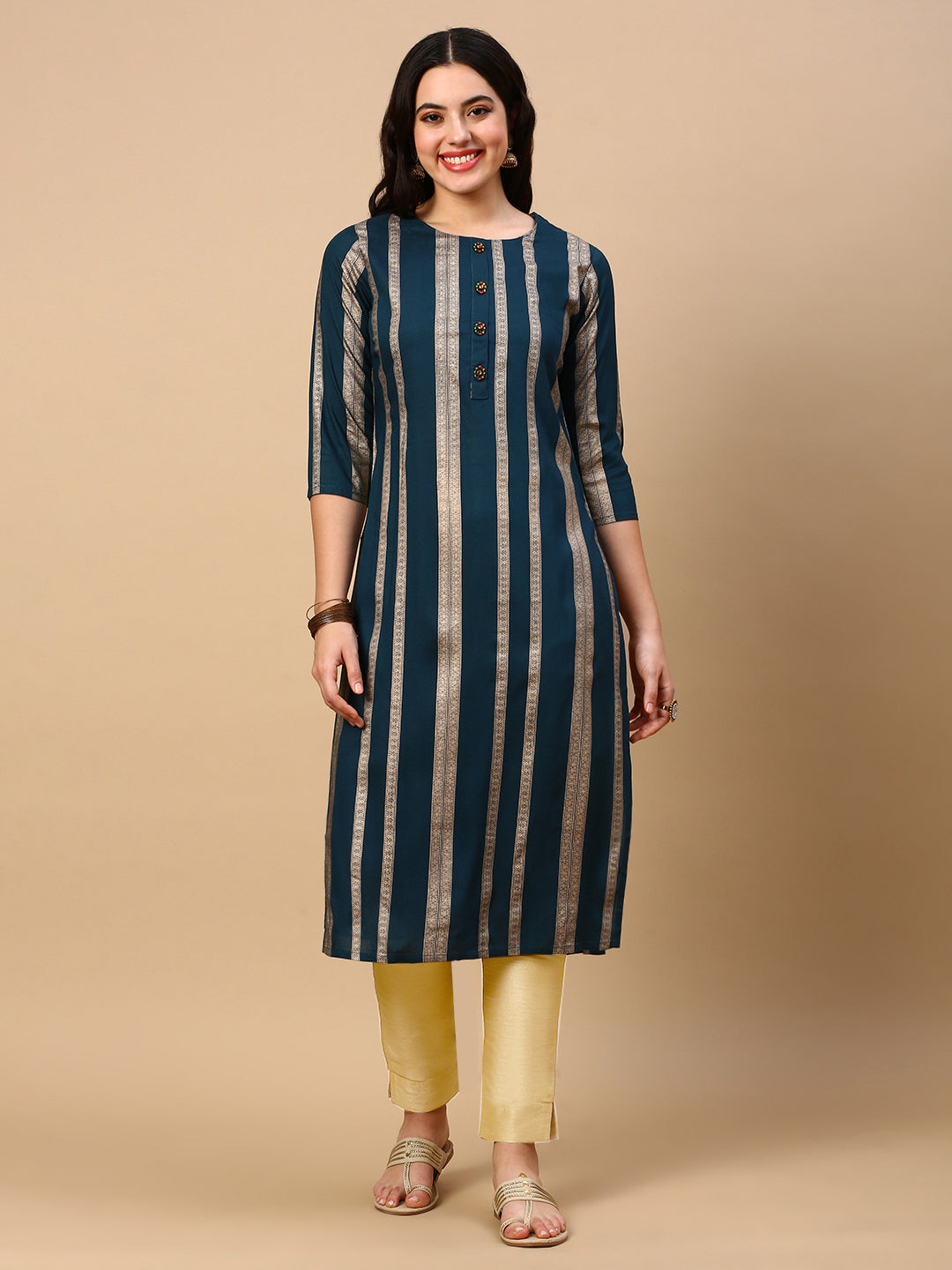 Women's Teal Striped Straight Kurta