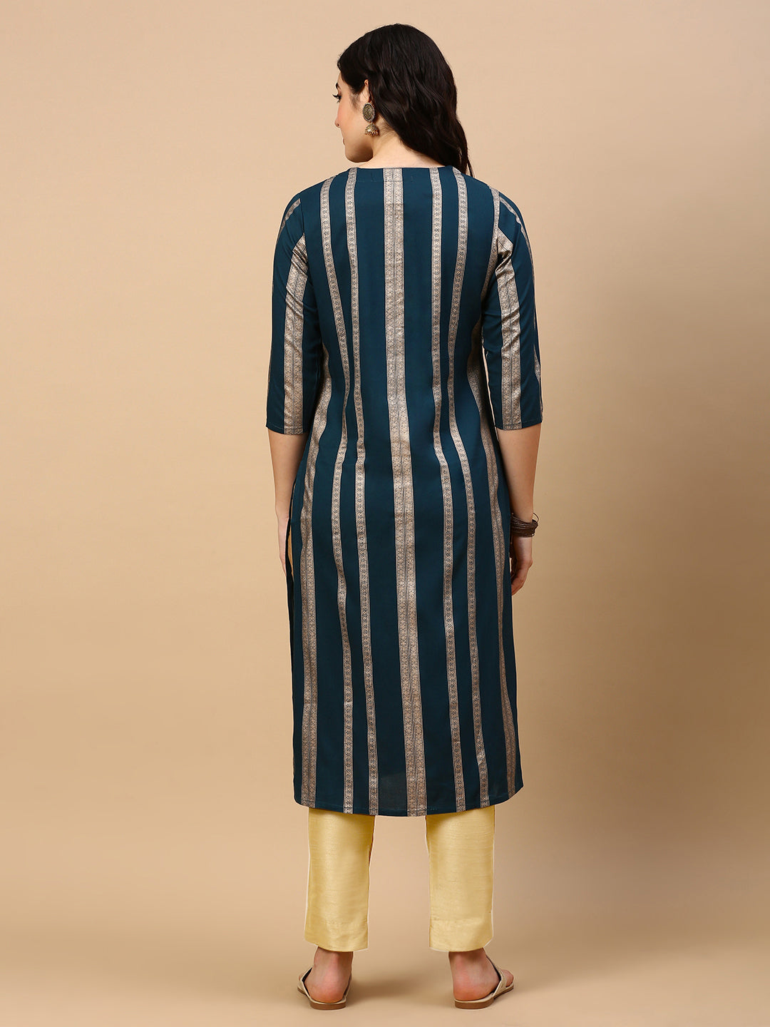 Women's Teal Striped Straight Kurta