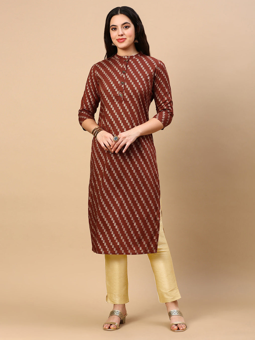 Women's Brown Striped Straight Kurta