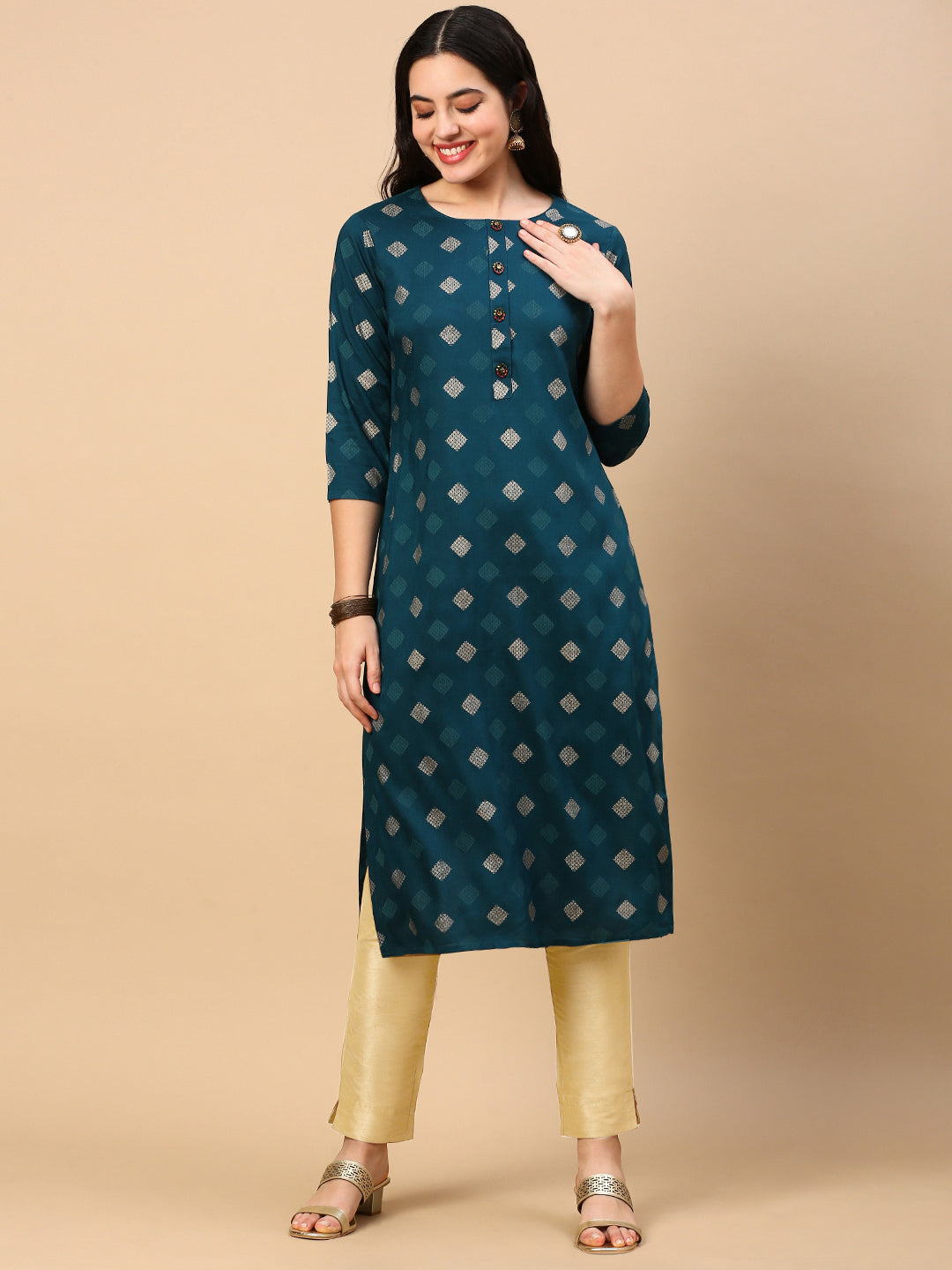 Women's Teal Graphic Straight Kurta