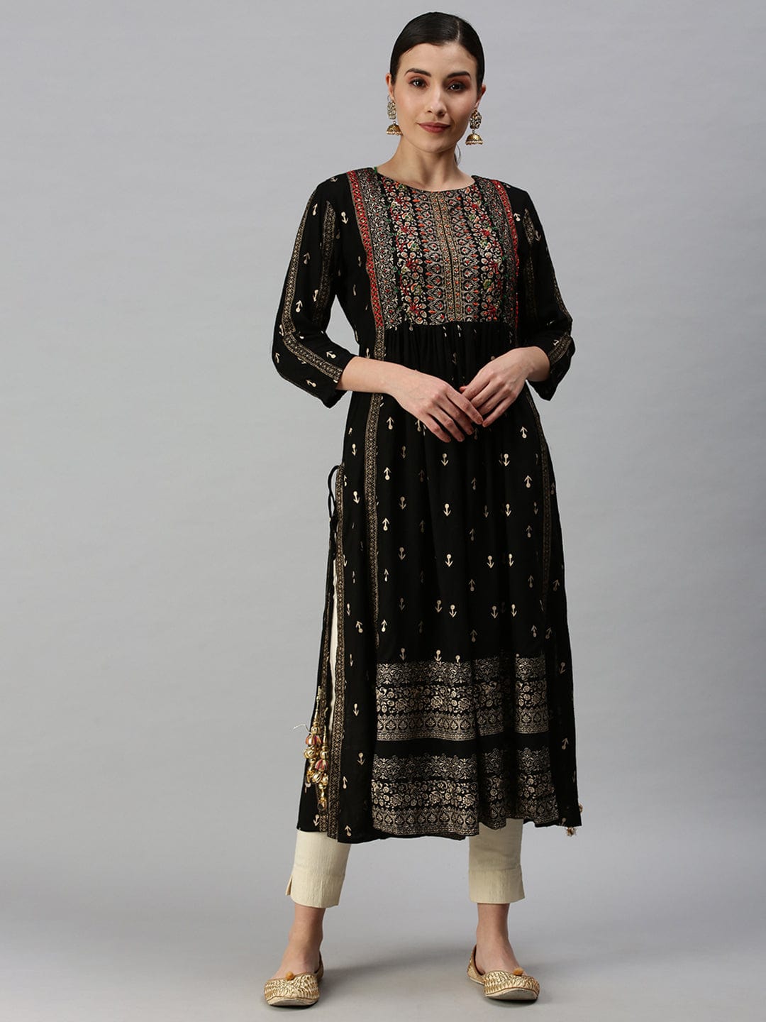 Women's Printed Black Straight Kurta