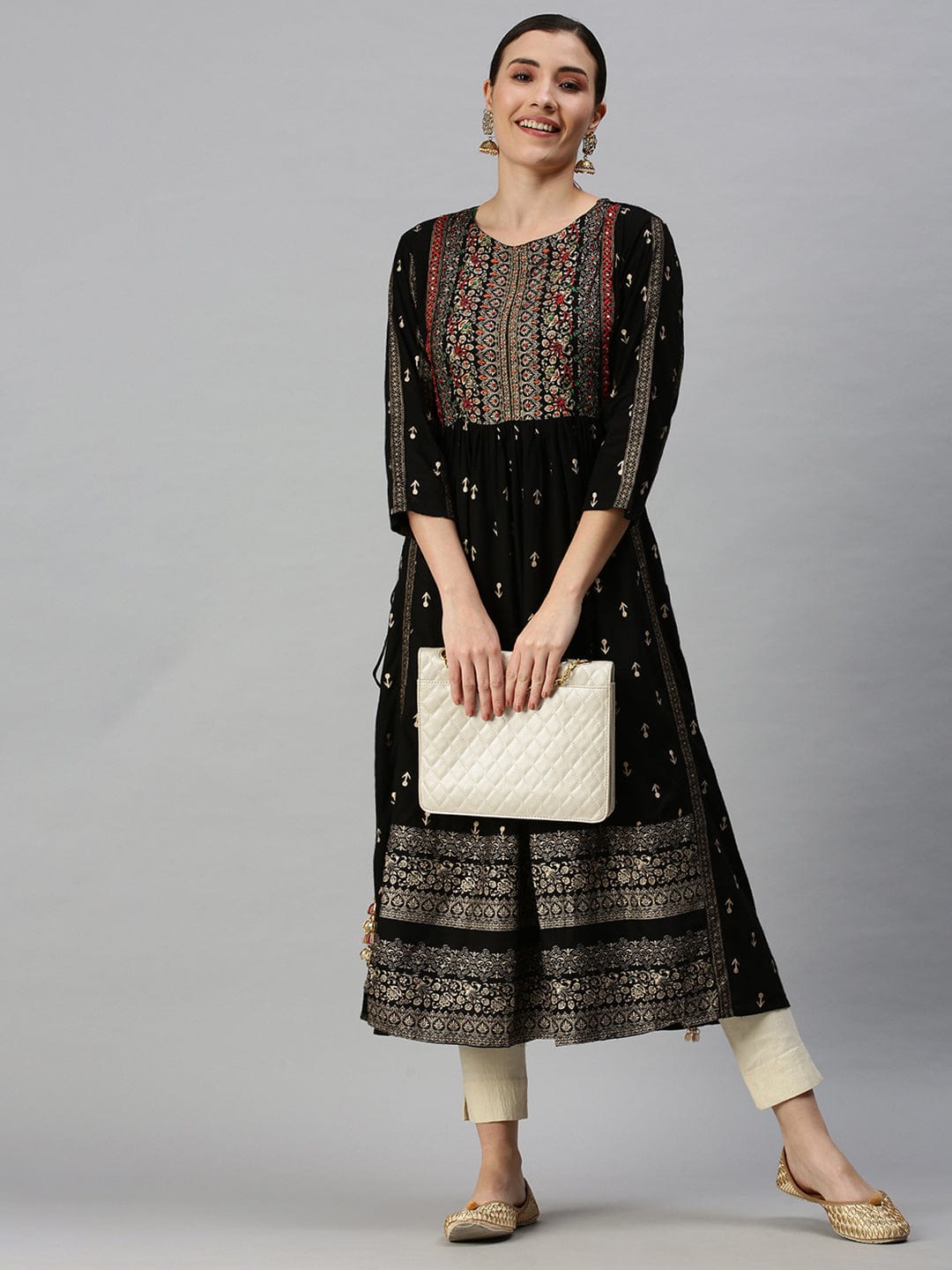 Women's Printed Black Straight Kurta