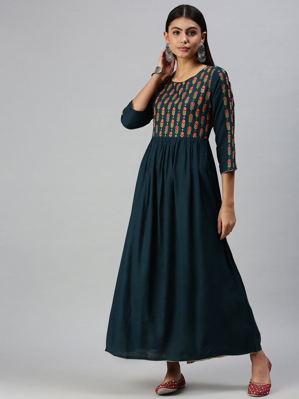 Women's Blue Floral Printed Embroidered Thread Work Anarkali Kurta