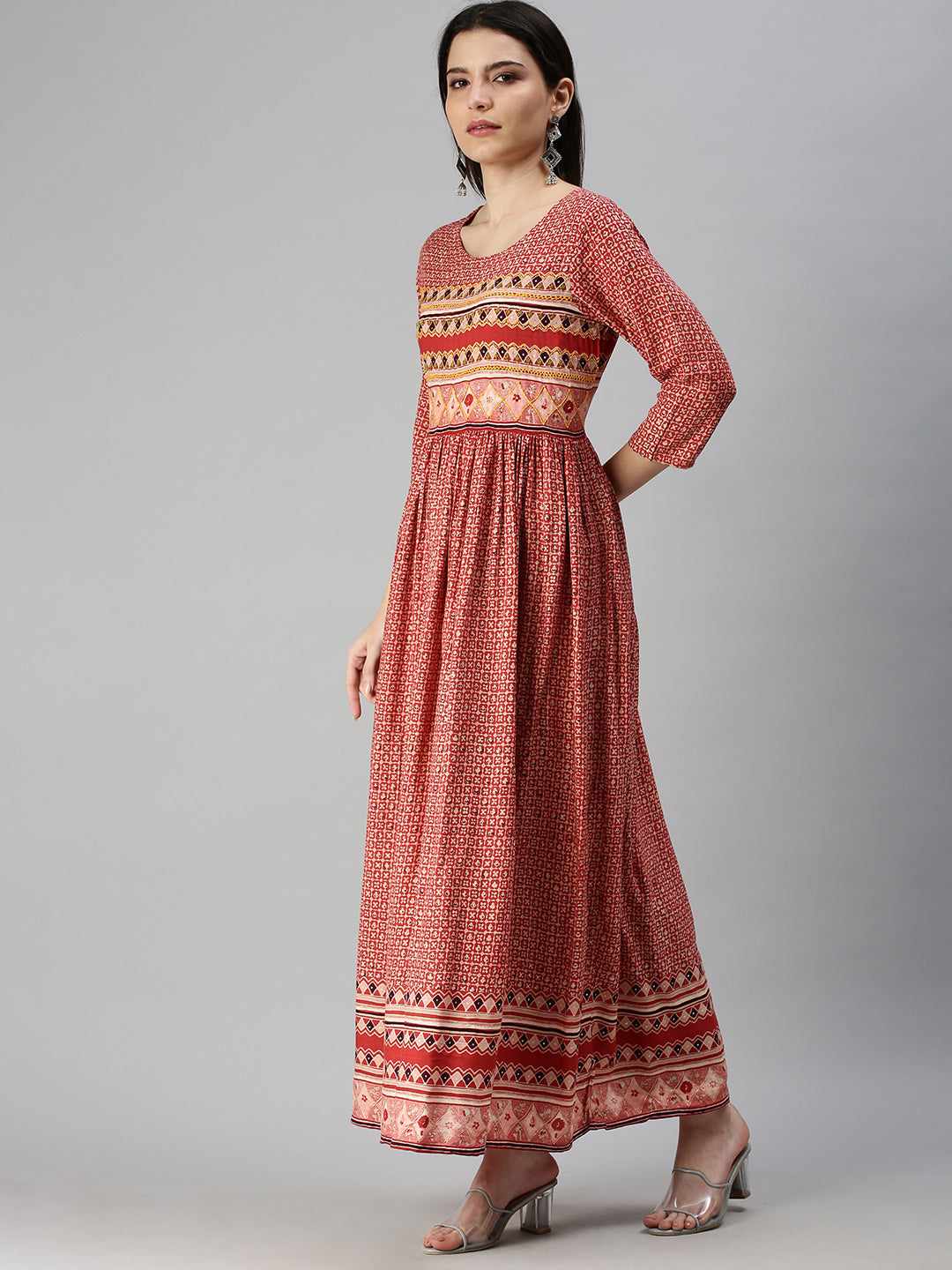 Women's Red Ethnic Motifs Printed Anarkali Kurta