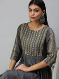 Women's Grey Ethnic Motifs Yoke Design Thread Work Anarkali Kurta