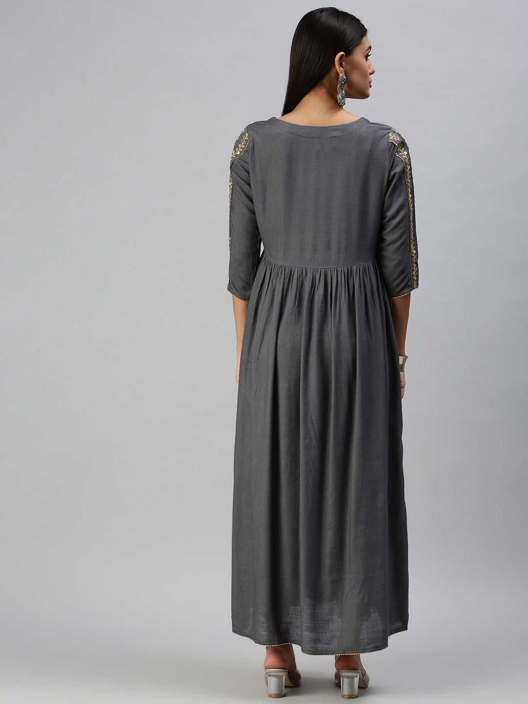 Women's Grey Ethnic Motifs Yoke Design Thread Work Anarkali Kurta