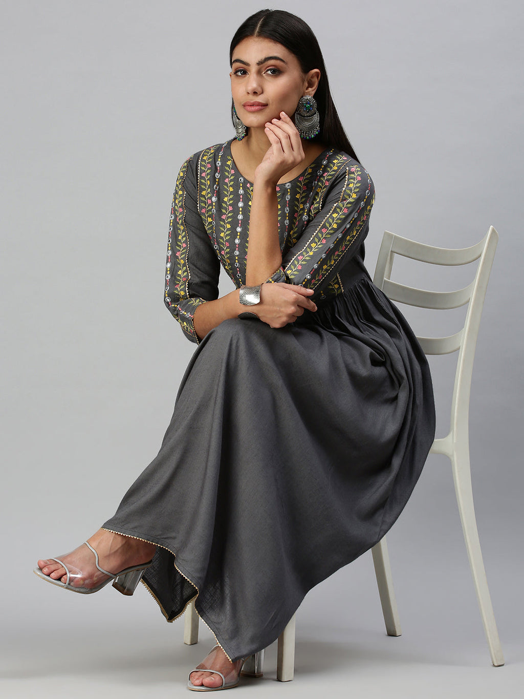 Women's Grey Ethnic Motifs Yoke Design Thread Work Anarkali Kurta