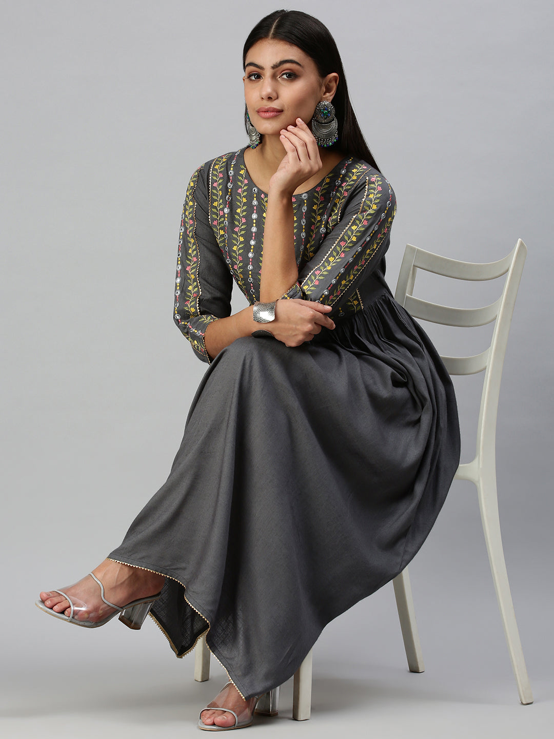 Women's Grey Ethnic Motifs Yoke Design Thread Work Anarkali Kurta