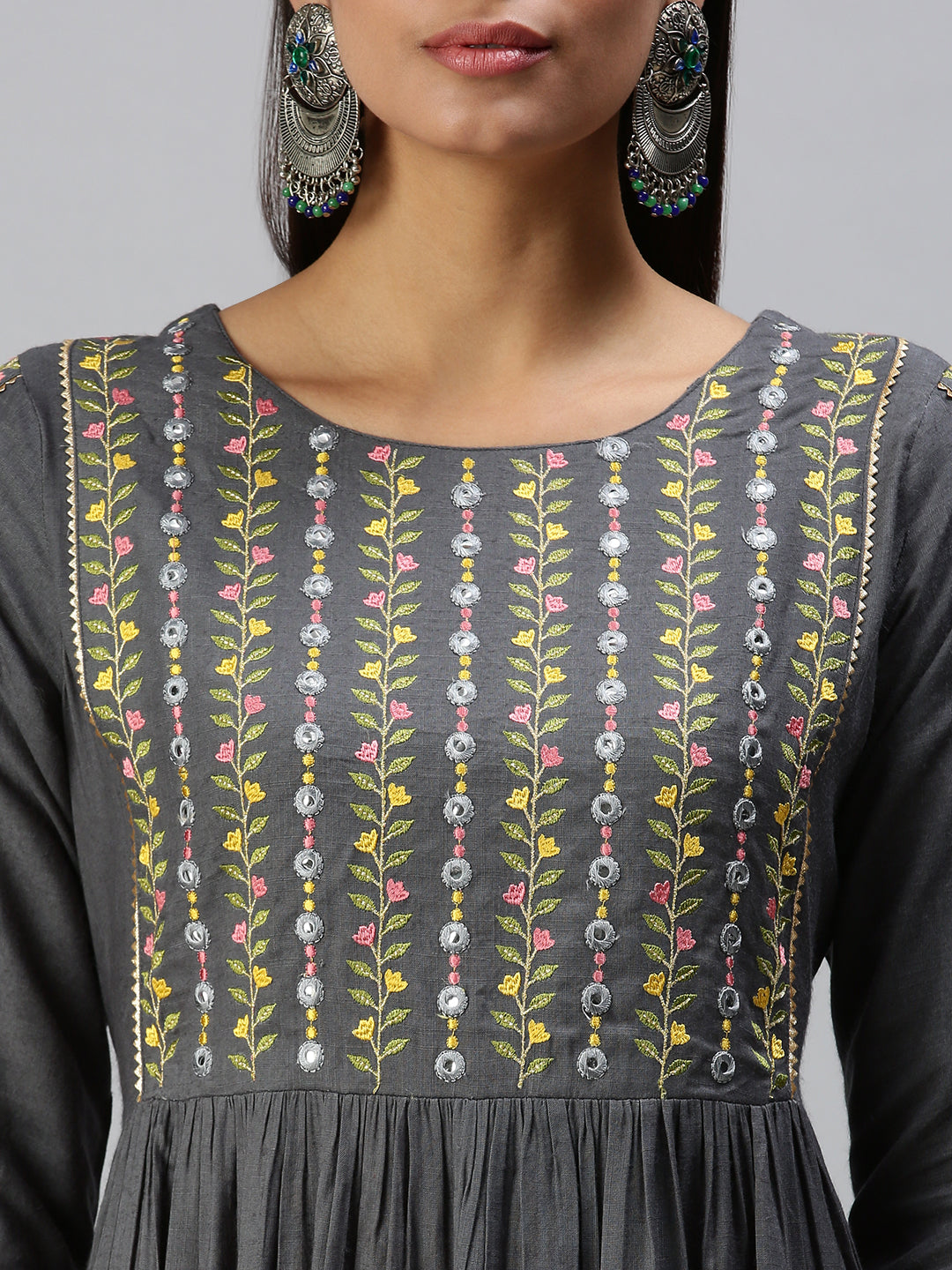 Women's Grey Ethnic Motifs Yoke Design Thread Work Anarkali Kurta