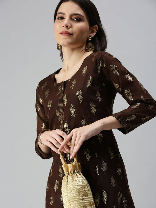 Women's Brown Golden Floral Printed Straight Kurta