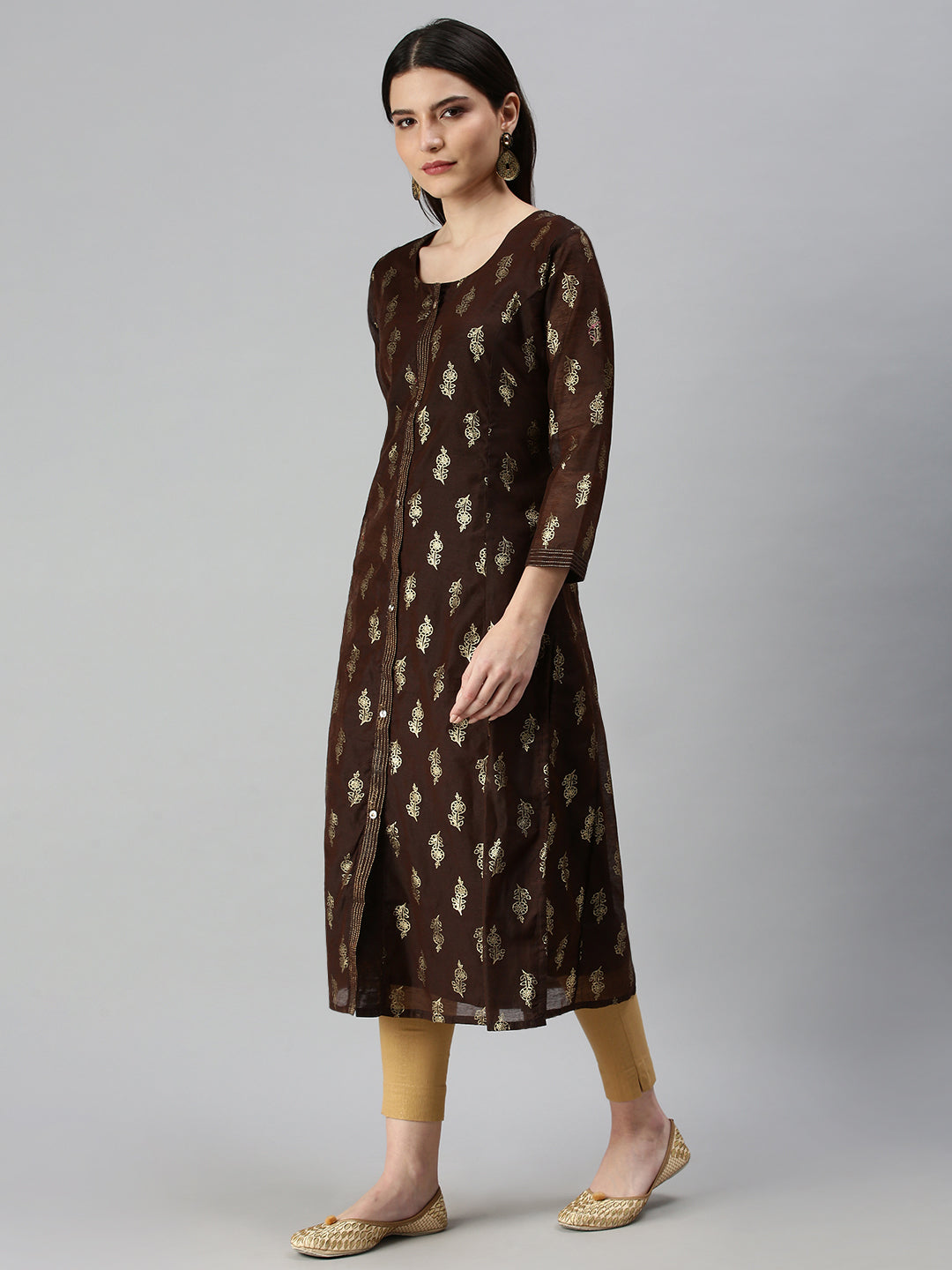 Women's Brown Golden Floral Printed Straight Kurta
