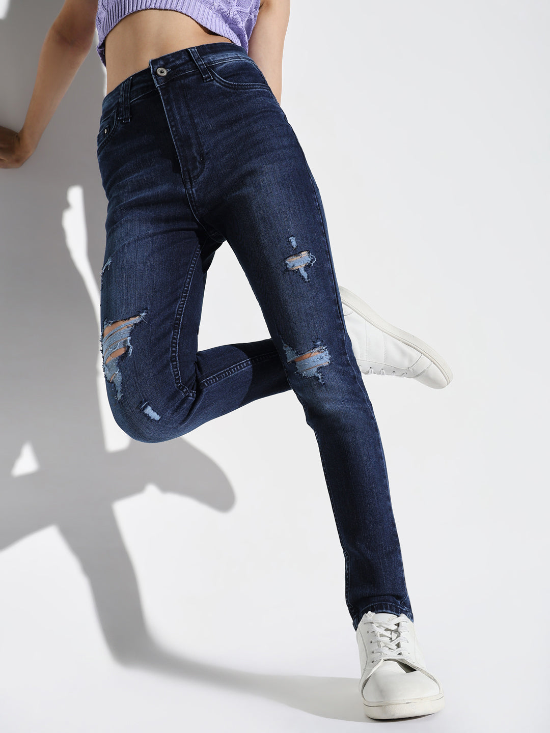 Women's Navy Blue Cotton Comfort Skinny Fit Light Fade Acid Wash Stretchable Jeans