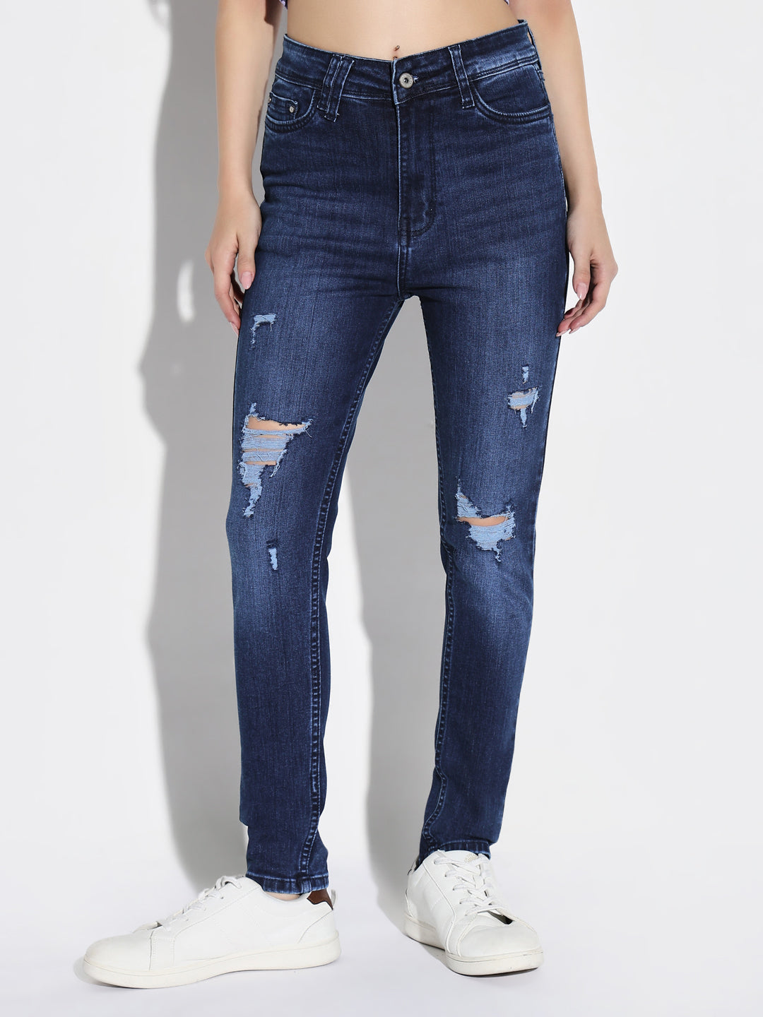 Women's Navy Blue Cotton Comfort Skinny Fit Light Fade Acid Wash Stretchable Jeans