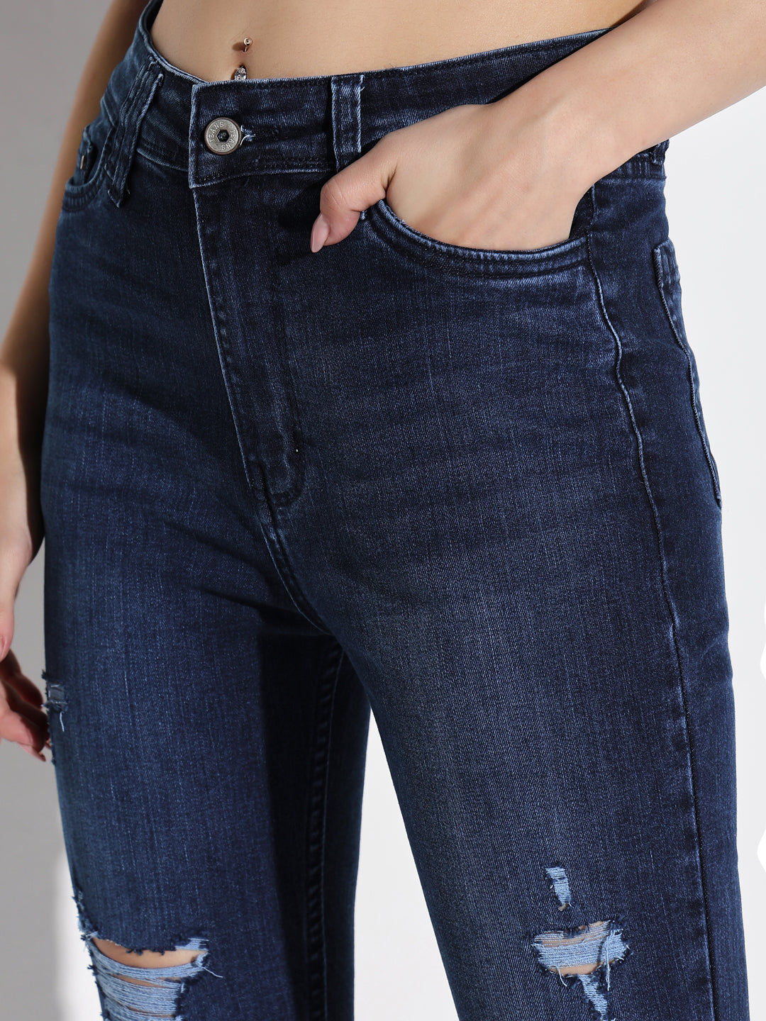 Women's Navy Blue Cotton Comfort Skinny Fit Light Fade Acid Wash Stretchable Jeans