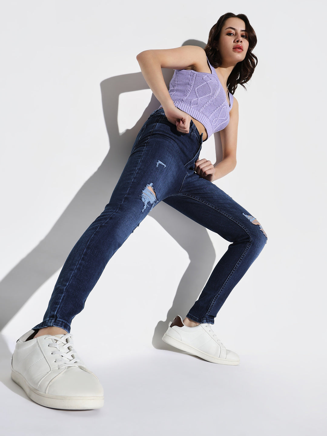 Women's Navy Blue Cotton Comfort Skinny Fit Light Fade Acid Wash Stretchable Jeans