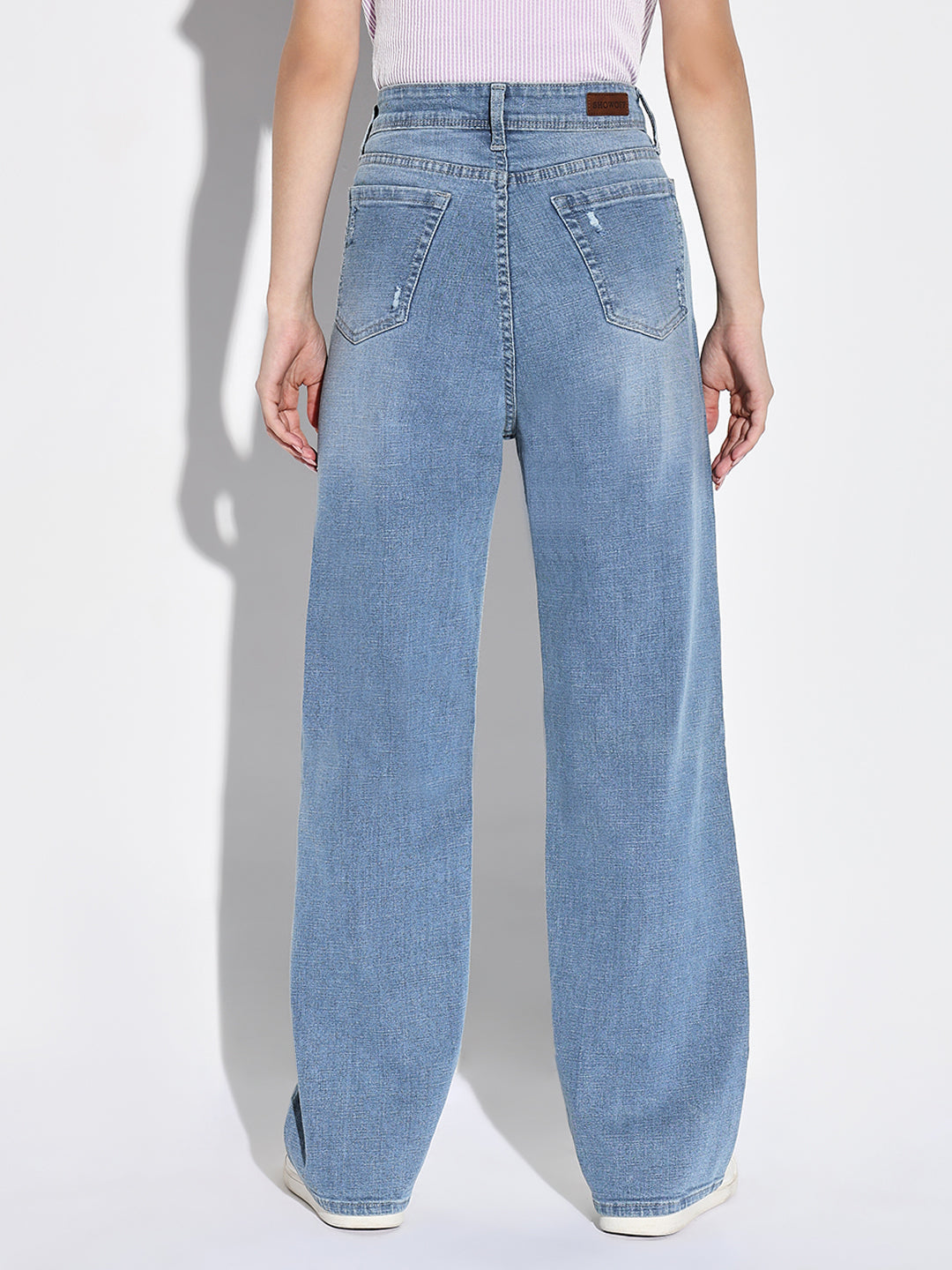 Women's Blue Comfort Wide Leg Slash Knee Heavy Fade Acid Wash Jeans