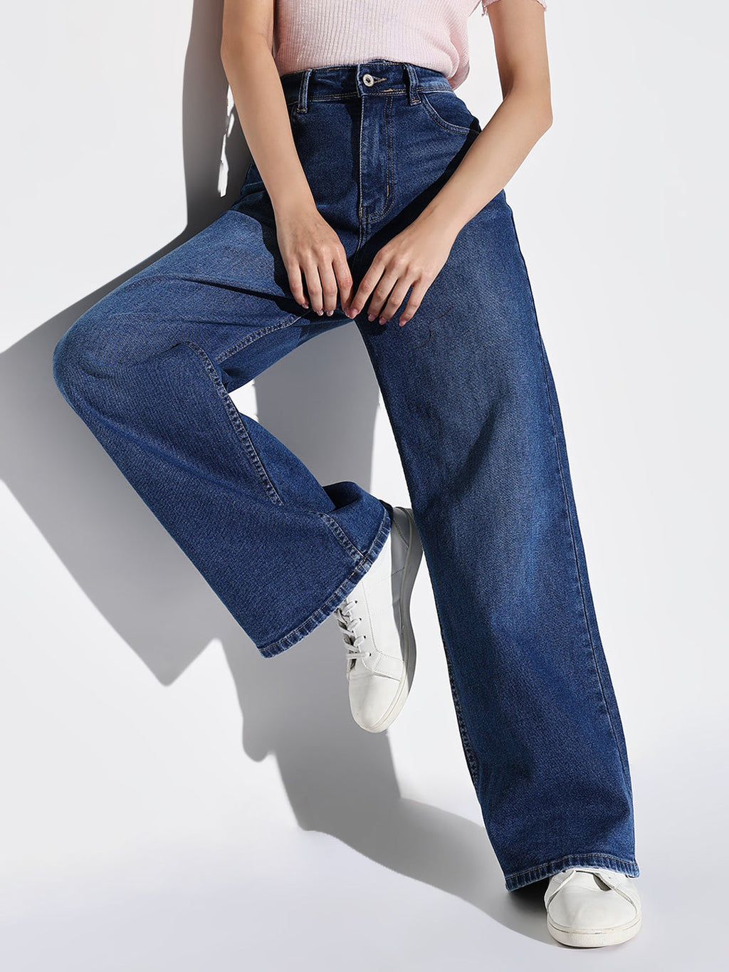 Women's Navy Blue Cotton Comfort Wide Leg Light Fade Acid Wash Mid-Rise Stretchable Jeans