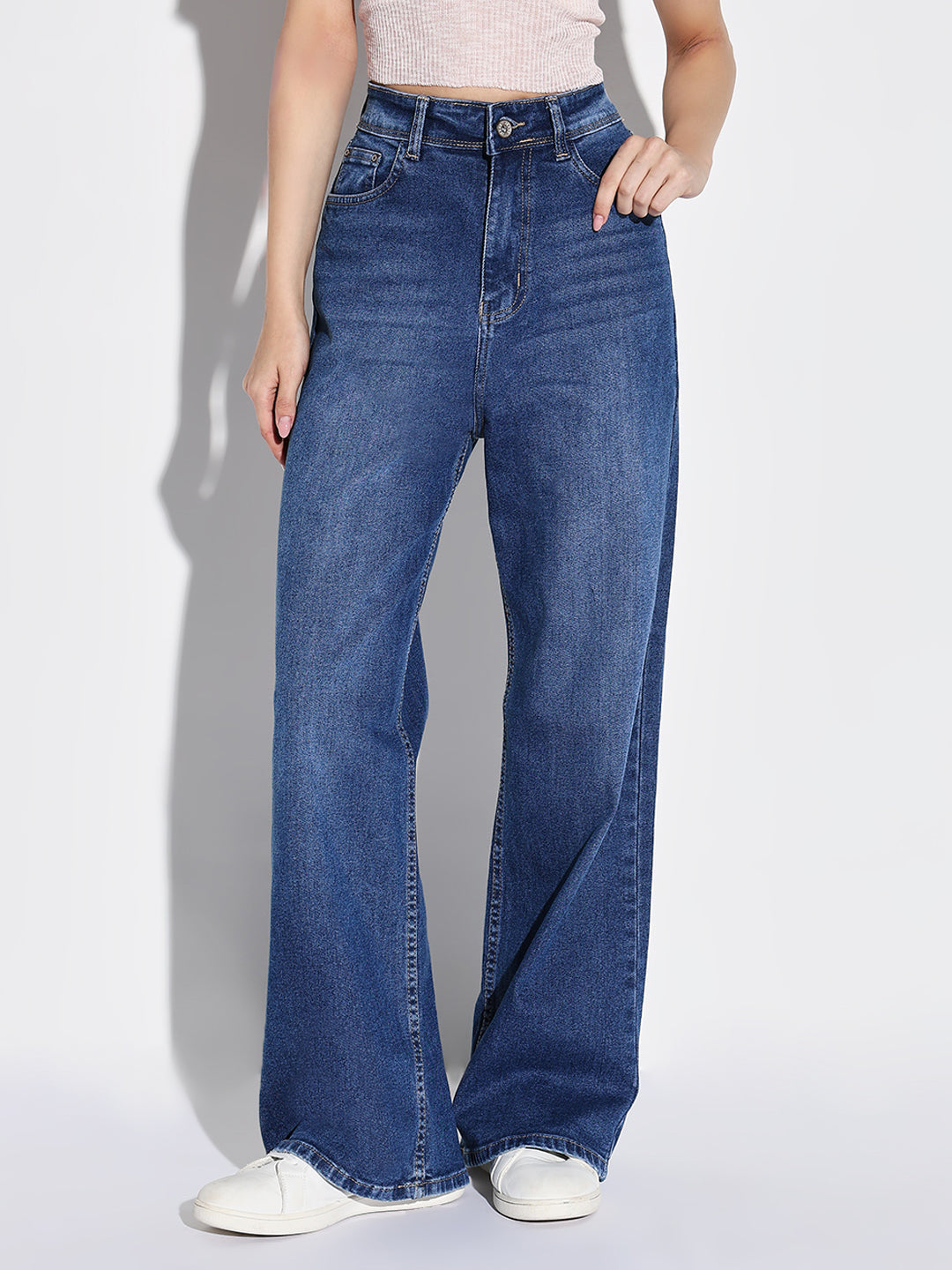 Women's Navy Blue Cotton Comfort Wide Leg Light Fade Acid Wash Mid-Rise Stretchable Jeans
